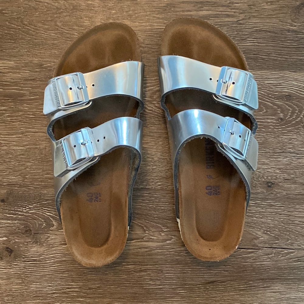 Silver Birkenstocks, great condition not broke in yet only worn a few times.